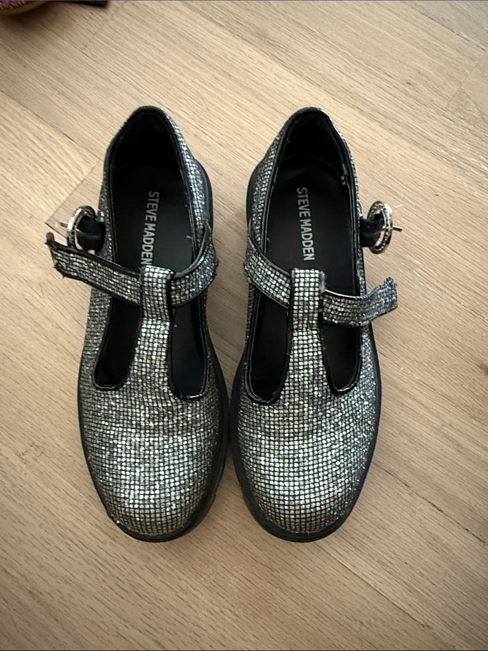Steve Madden Kids Metallic Silver T-Strap Mary Jane Shoes